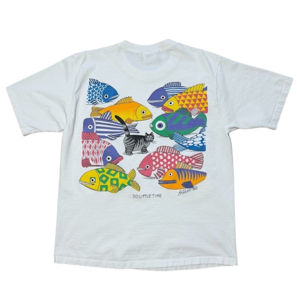 Vintage 90s Crazy Shirts B. Kliban Cat So Many Fish Nature Art Graphic T-shirt - Picture 6 of 9